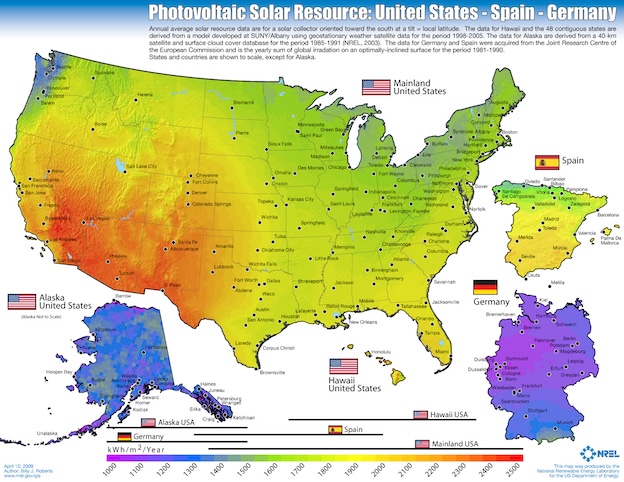 NREL Solar Map of USA Spain Germany